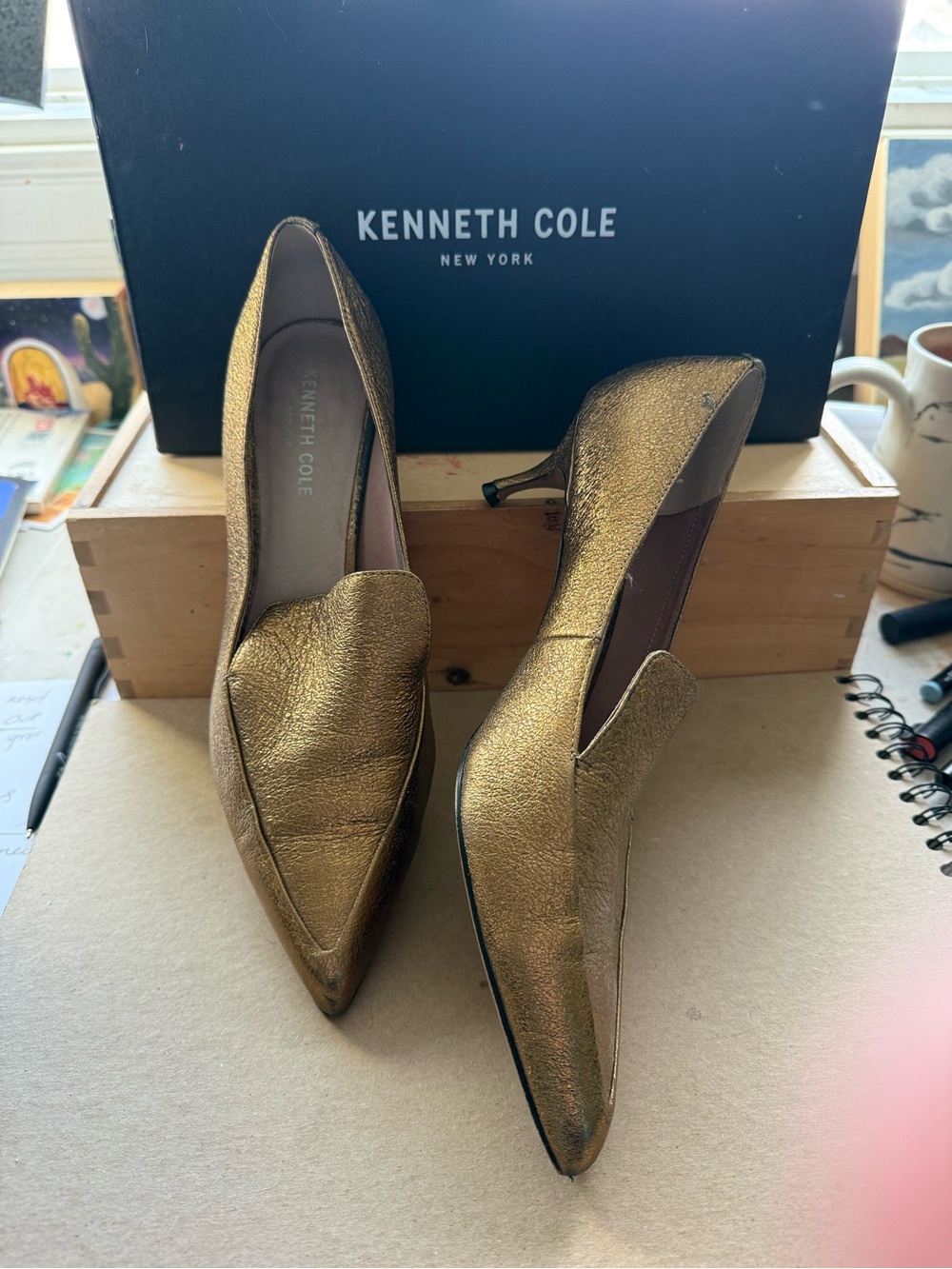 Kenneth Cole Gold Leather Pointed-Toe Heels